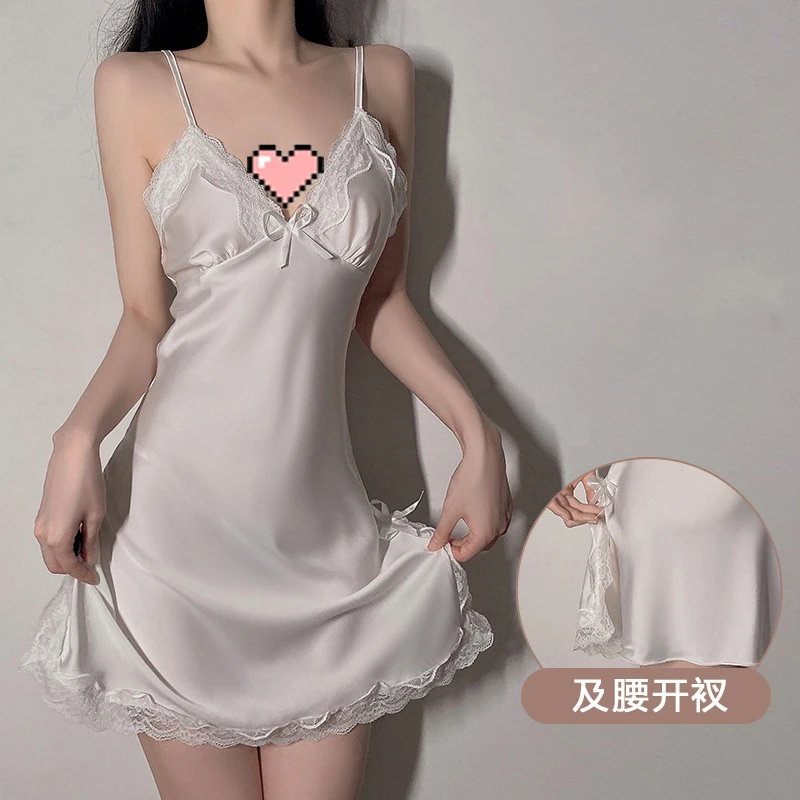 【白色恋人】性感冰丝睡裙蕾丝吊带睡衣缎面深V开叉纯欲吊带家居服