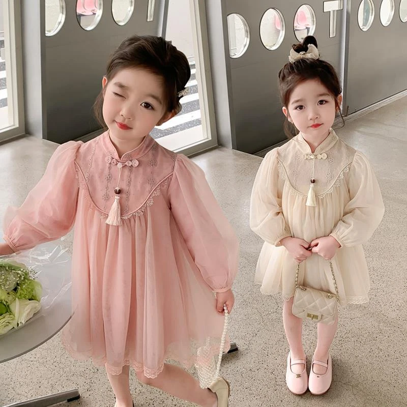 FAVMARTHA女童长袖连衣裙春秋款2025洋气儿童网纱公主裙小女孩汉