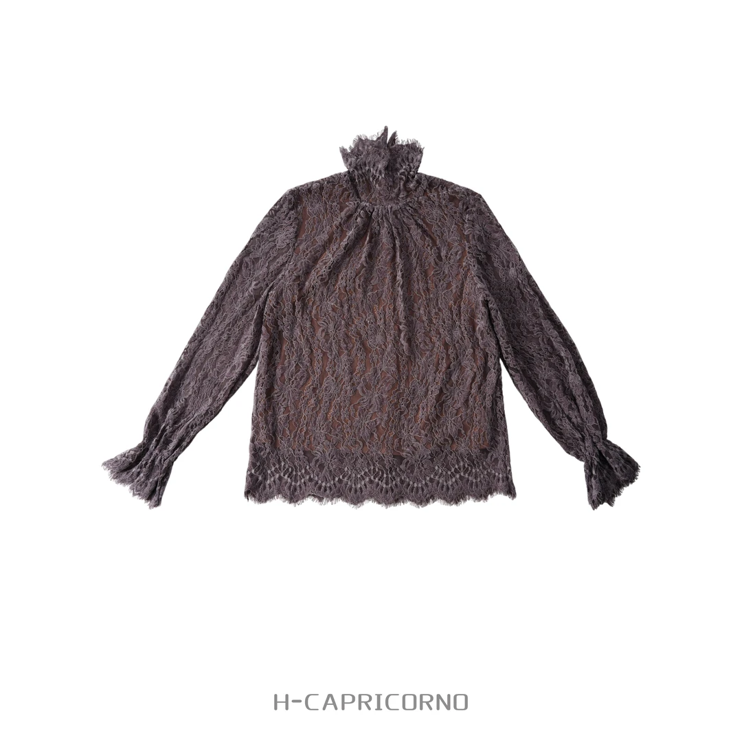 H-CAPRICORNO复古雕花蕾丝维多利亚小立领套头上衣衬衫