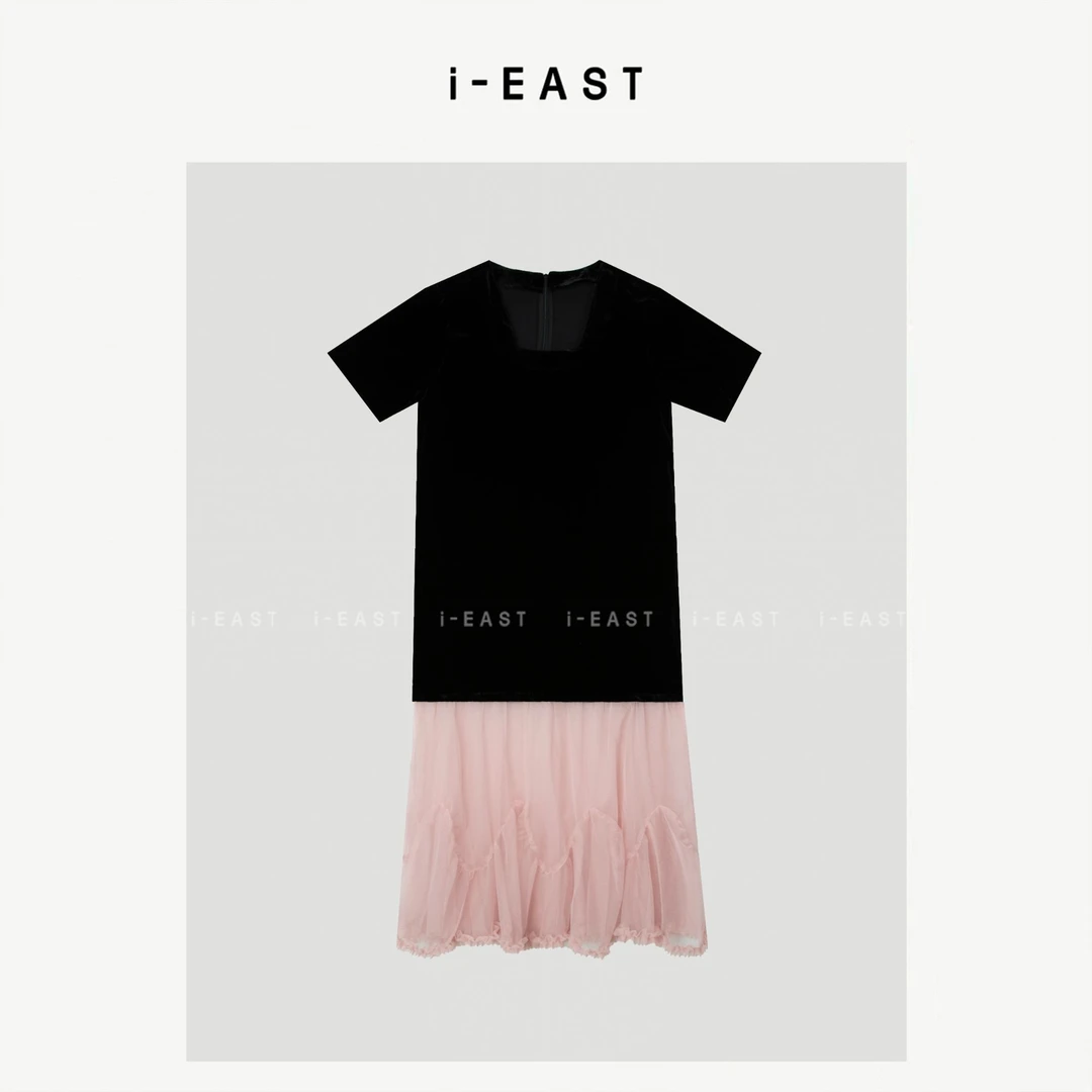 i-EAST QQ 度假周末~纯色设计下摆纱纱半袖连衣裙-5X Q14007