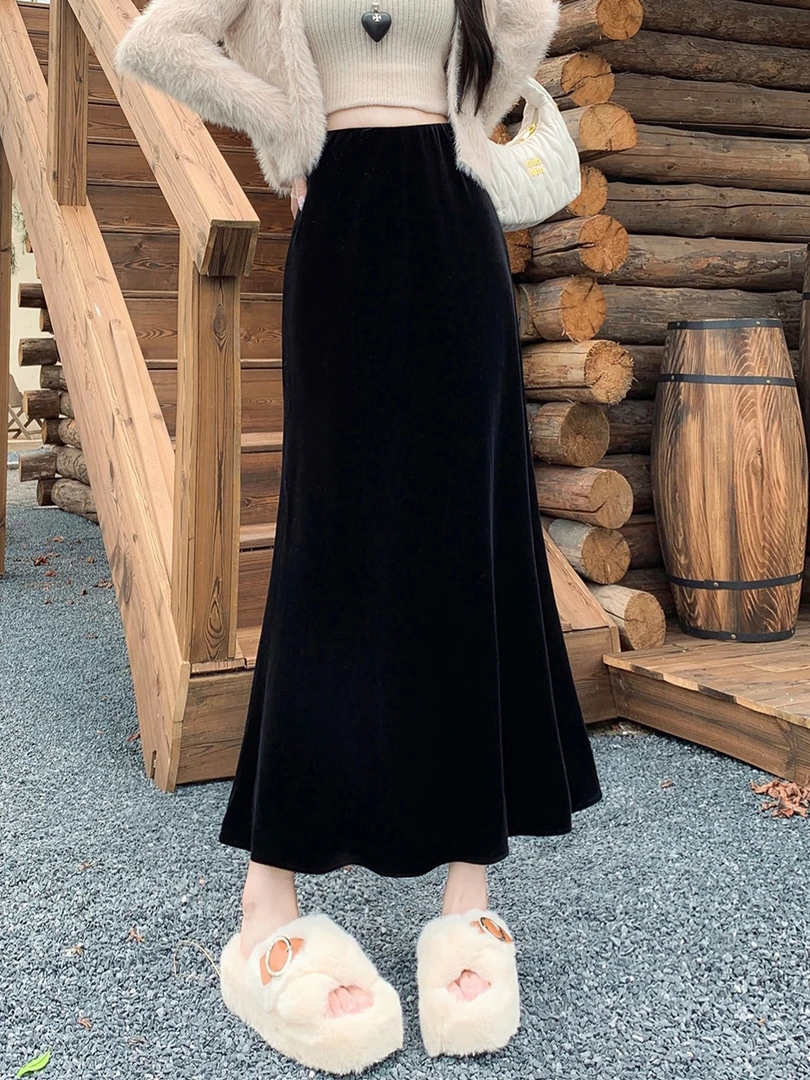 2025金丝绒高腰A字鱼尾裙半身裙女秋季新款加厚高级半裙气质长裙
