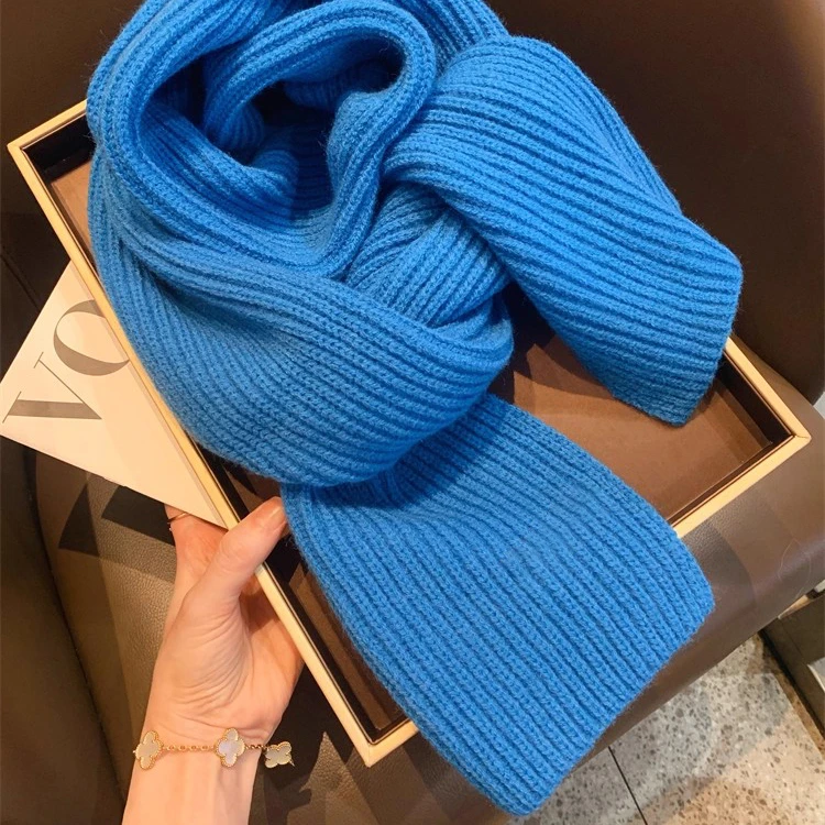 韩系显白蓝色针织围巾女冬季韩版纯色百搭ins学生保暖毛线围脖潮