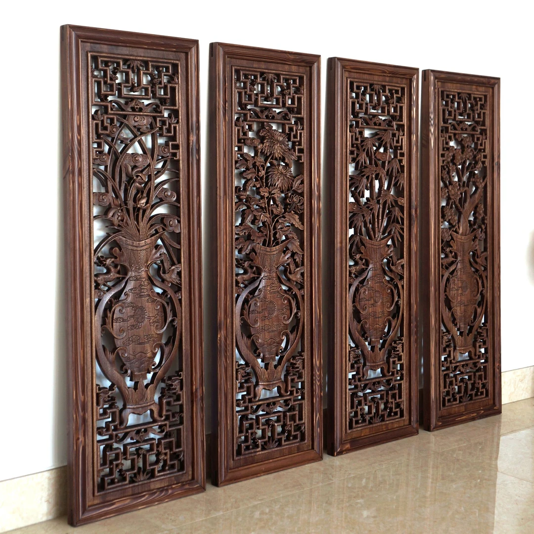 中式实木挂件木雕墙壁装饰墙挂饰背景挂屏做旧仿古梅兰竹菊镂空