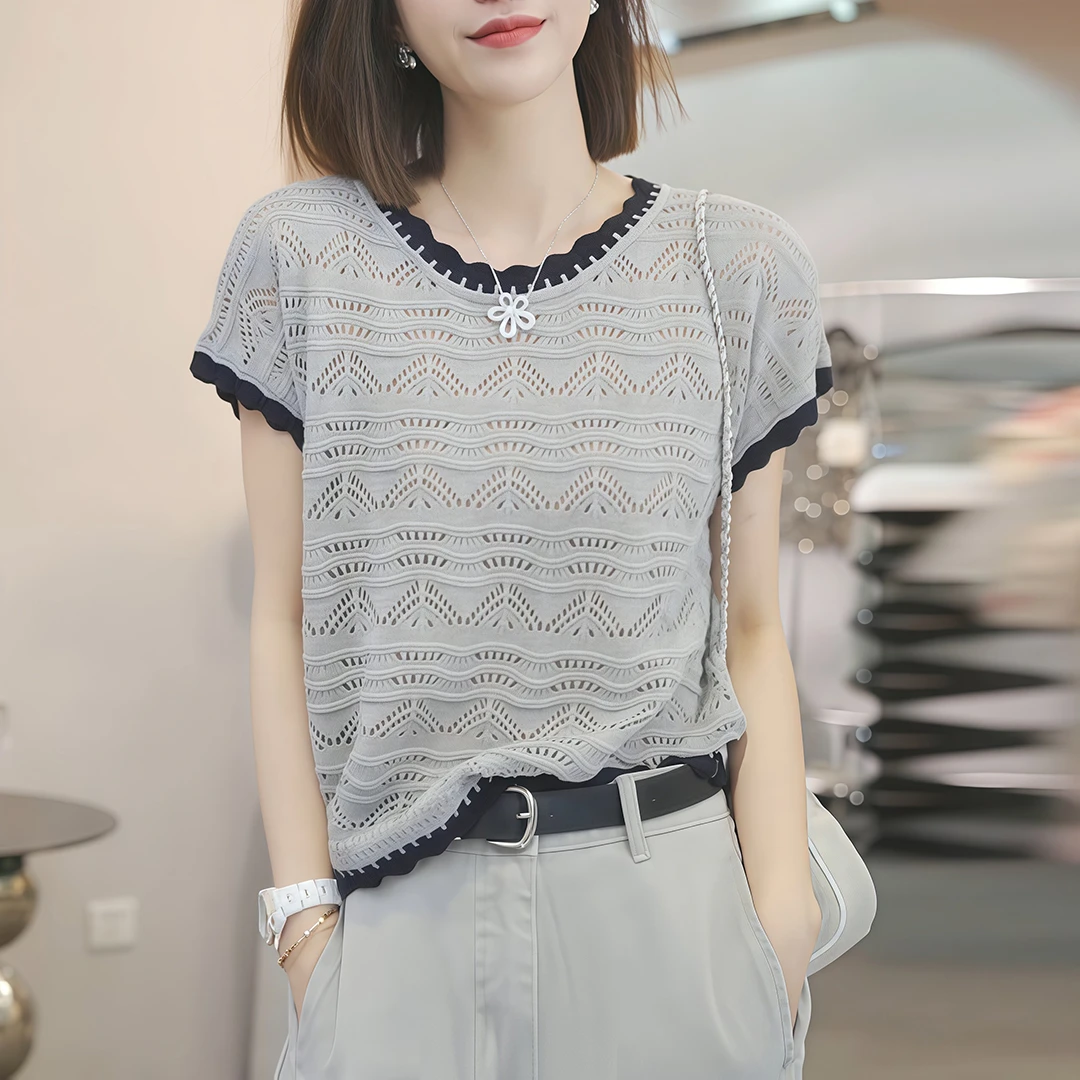 夏季透气镂空针织衫女短袖圆领拼接蕾丝花边时尚洋气小衫宽松上衣