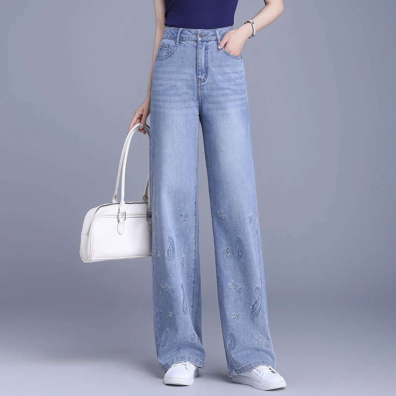 哥弟阿玛施正品烫钻刺绣牛仔阔腿裤女夏季2025新款显瘦休闲直筒裤