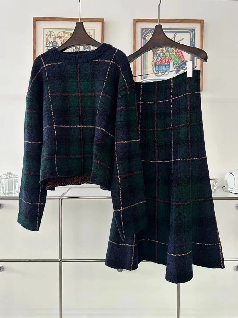 复古格纹毛呢套装