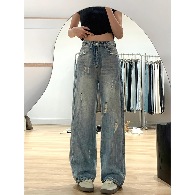 300斤大码胖mm复古蓝破洞牛仔裤女春夏新款高腰宽松显瘦阔腿裤潮