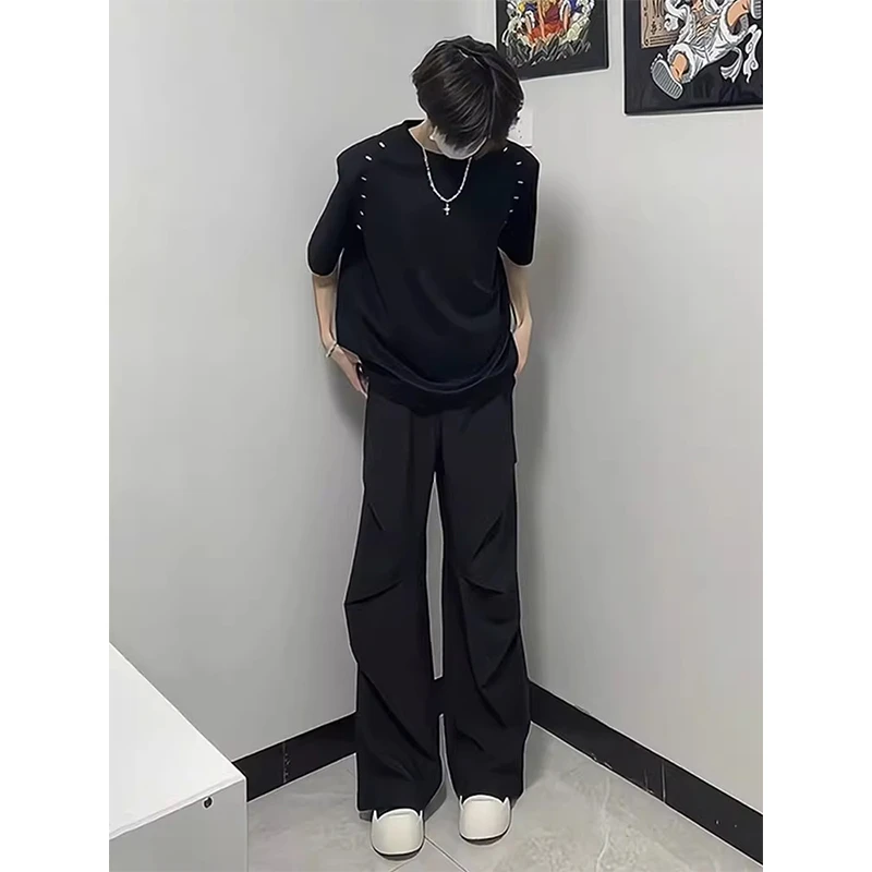 黑色潮流西裤垂坠感高级感裤子男夏季cleanfit褶皱速干伞兵工装裤