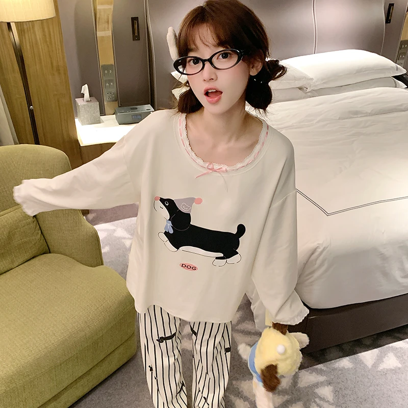 睡衣女春秋季纯棉长袖大童女孩12岁甜美可爱卡通15高初中学生套装