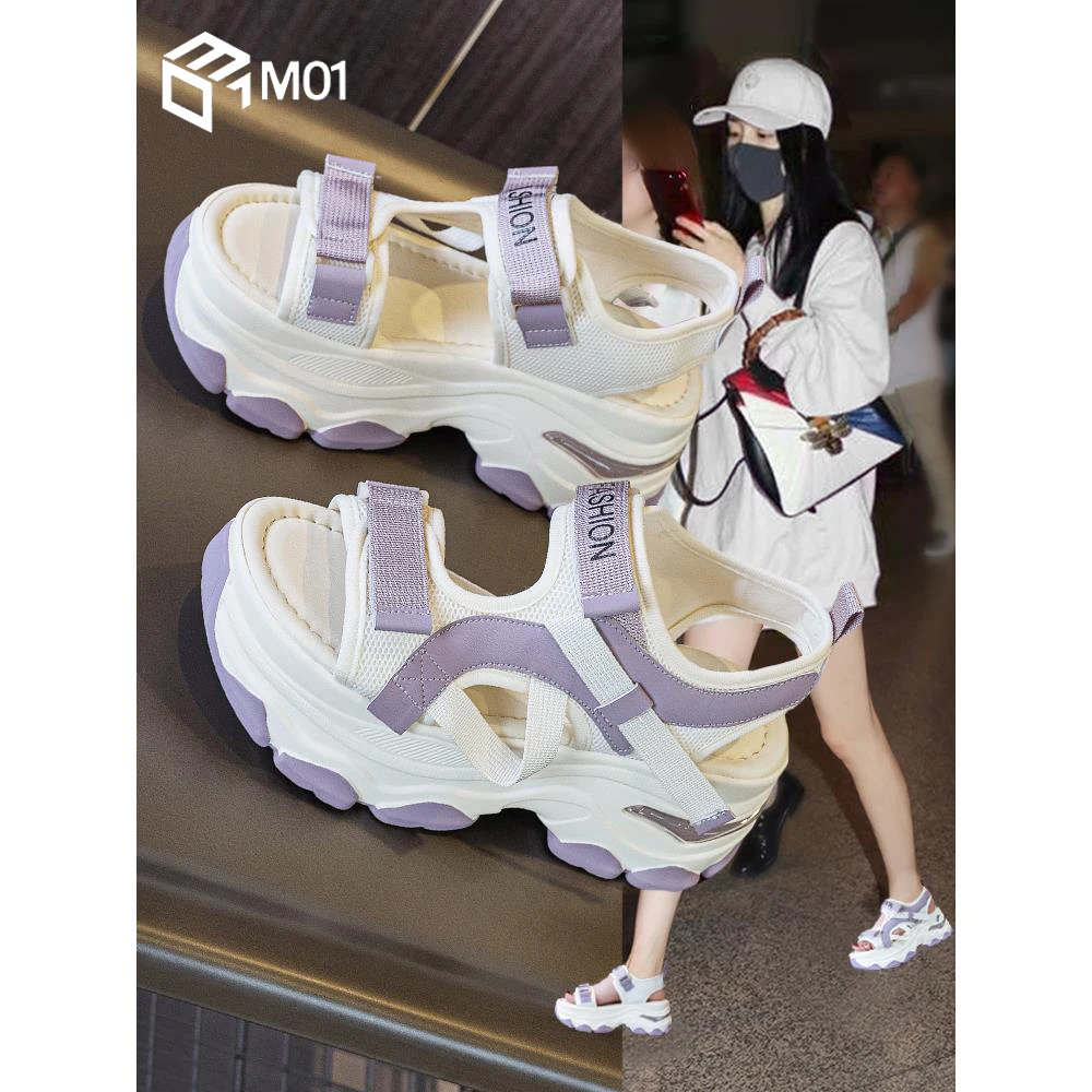 M01超火罗马运动凉鞋女2025夏季镂空透气魔术贴小个子厚底松糕鞋