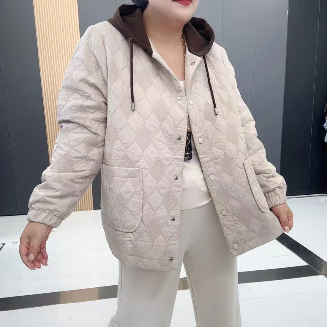 26037梵#大码中老年妈妈春秋款宽松撞色连帽休闲百搭时尚外套上衣