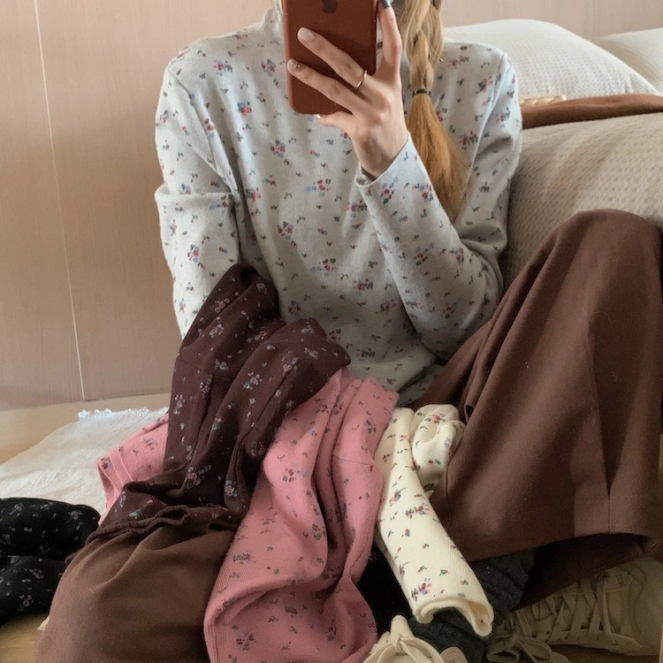 高领套头小碎花衫长袖上衣春秋季复古修身打底衫保暖内搭毛衣