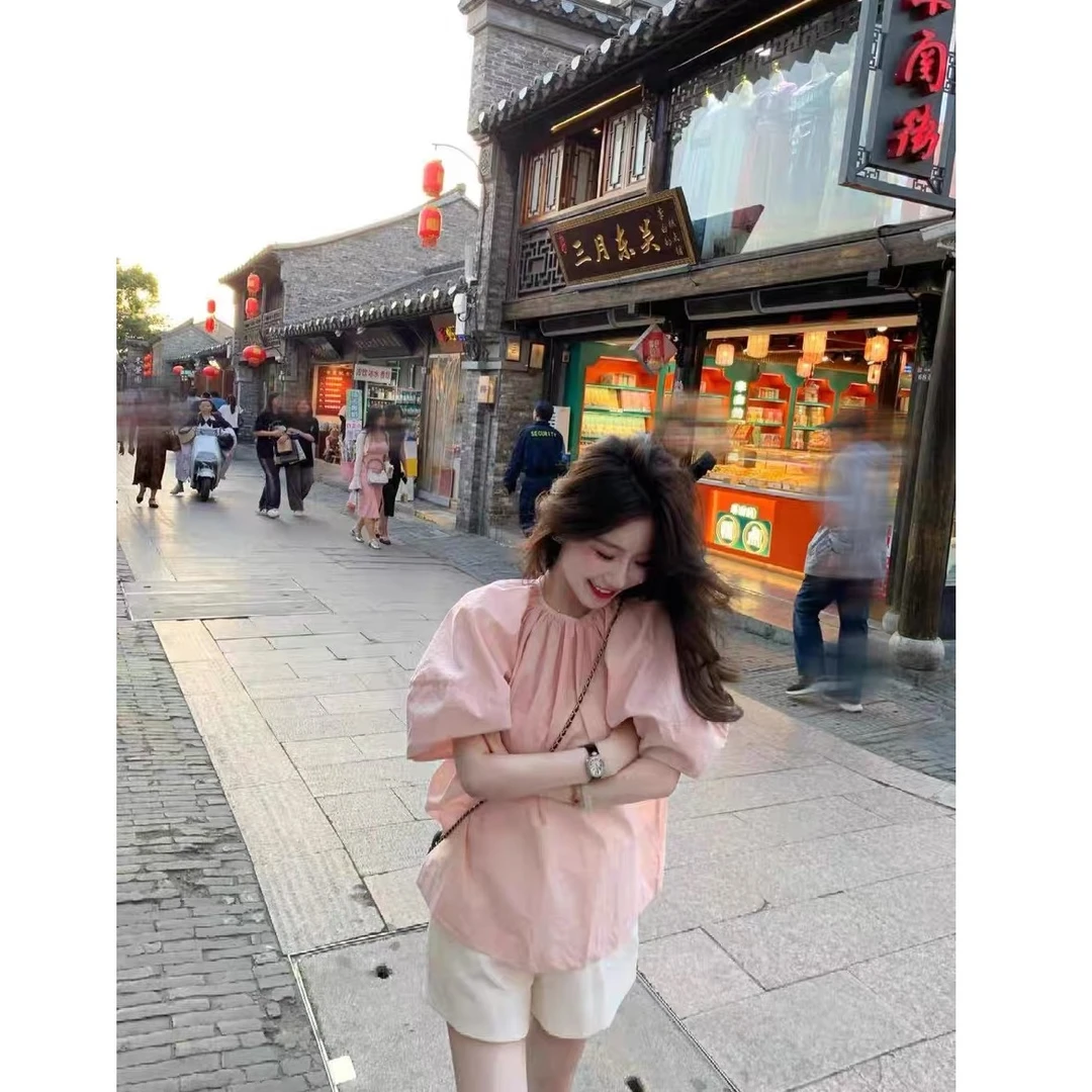 2025夏季新款法式温柔风粉色泡泡袖衬衫上衣休闲百搭显瘦短裤女潮