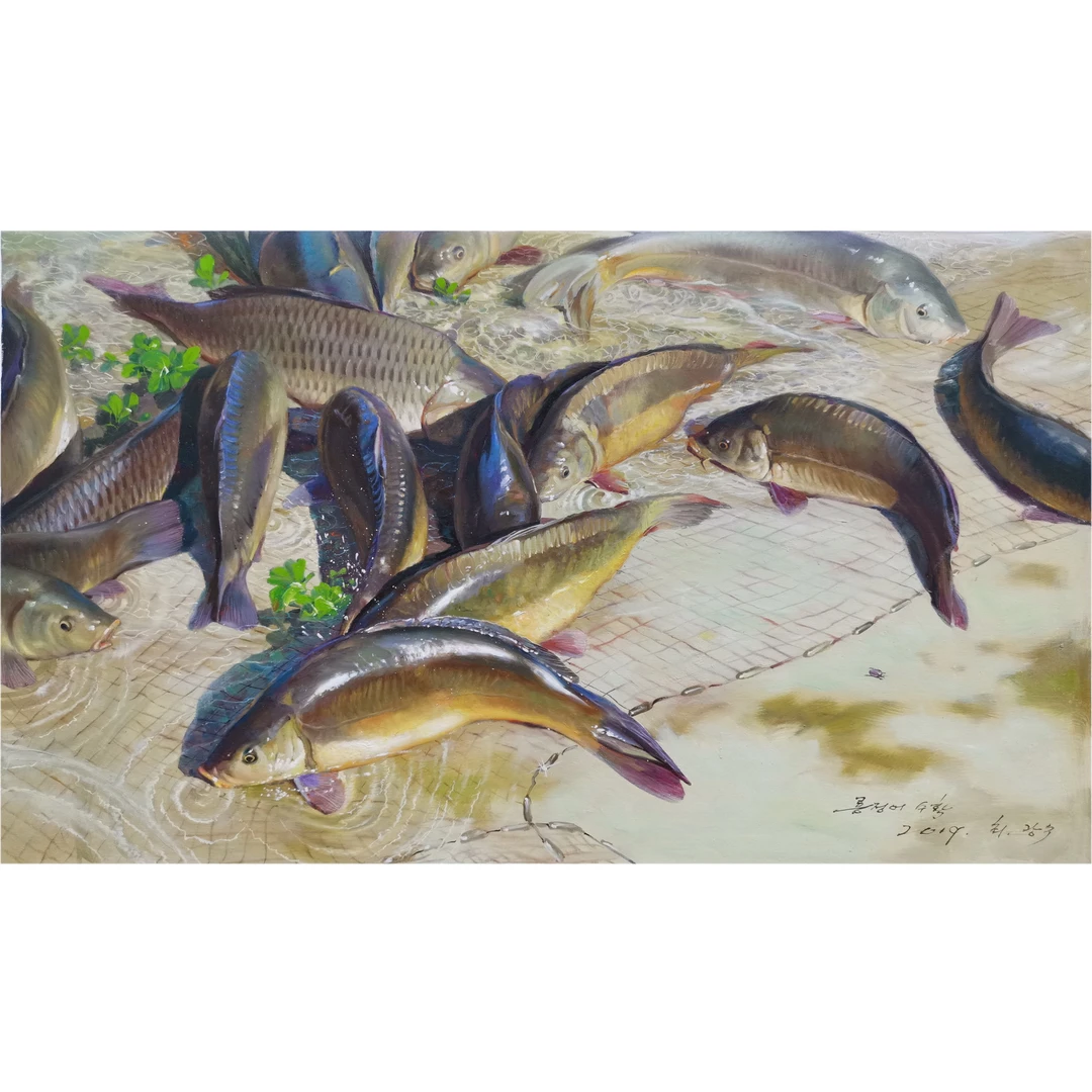 手绘油画原稿写实油画朝鲜 崔光洙《渔获》