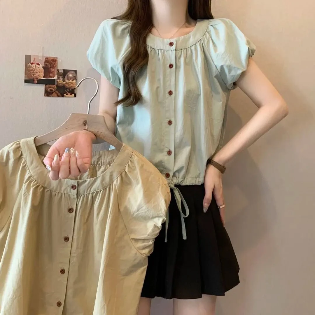 法式甜美泡泡袖绿色衬衫女夏装大码微胖妹妹显瘦短款系带抽绳上衣