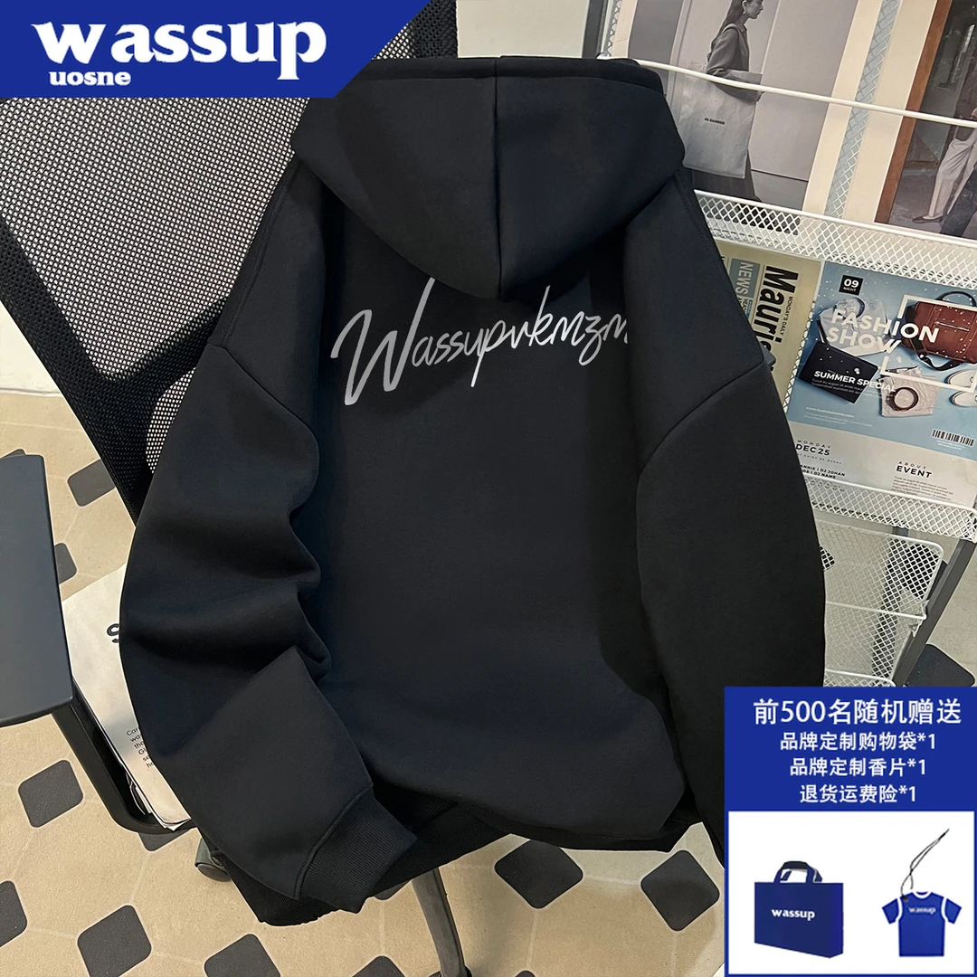 WASSUP UOSNE重磅廓形半拉链卫衣男2025新款ins高街痞帅连帽外套