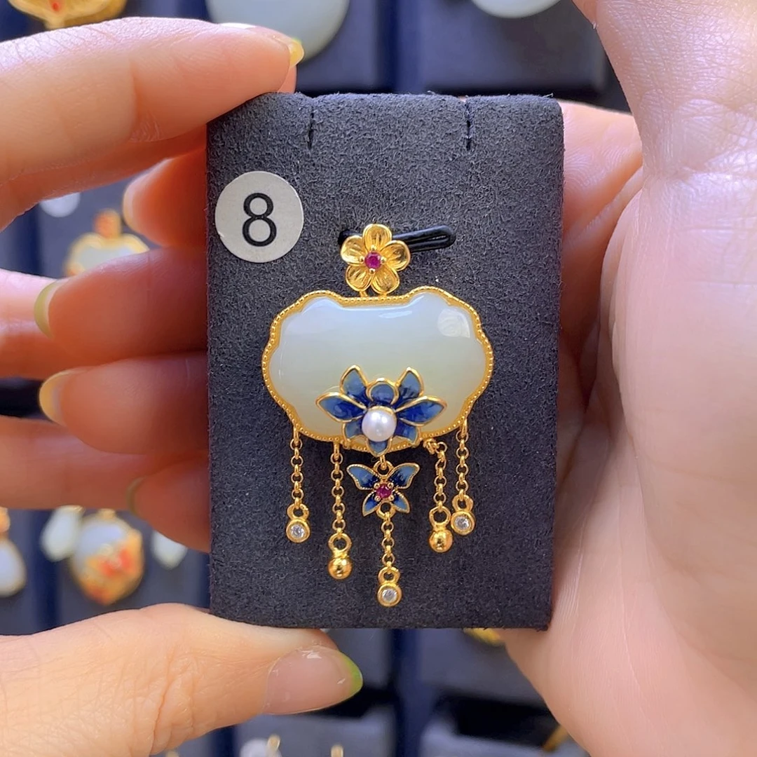 和田玉颈饰银S925镀金镶嵌