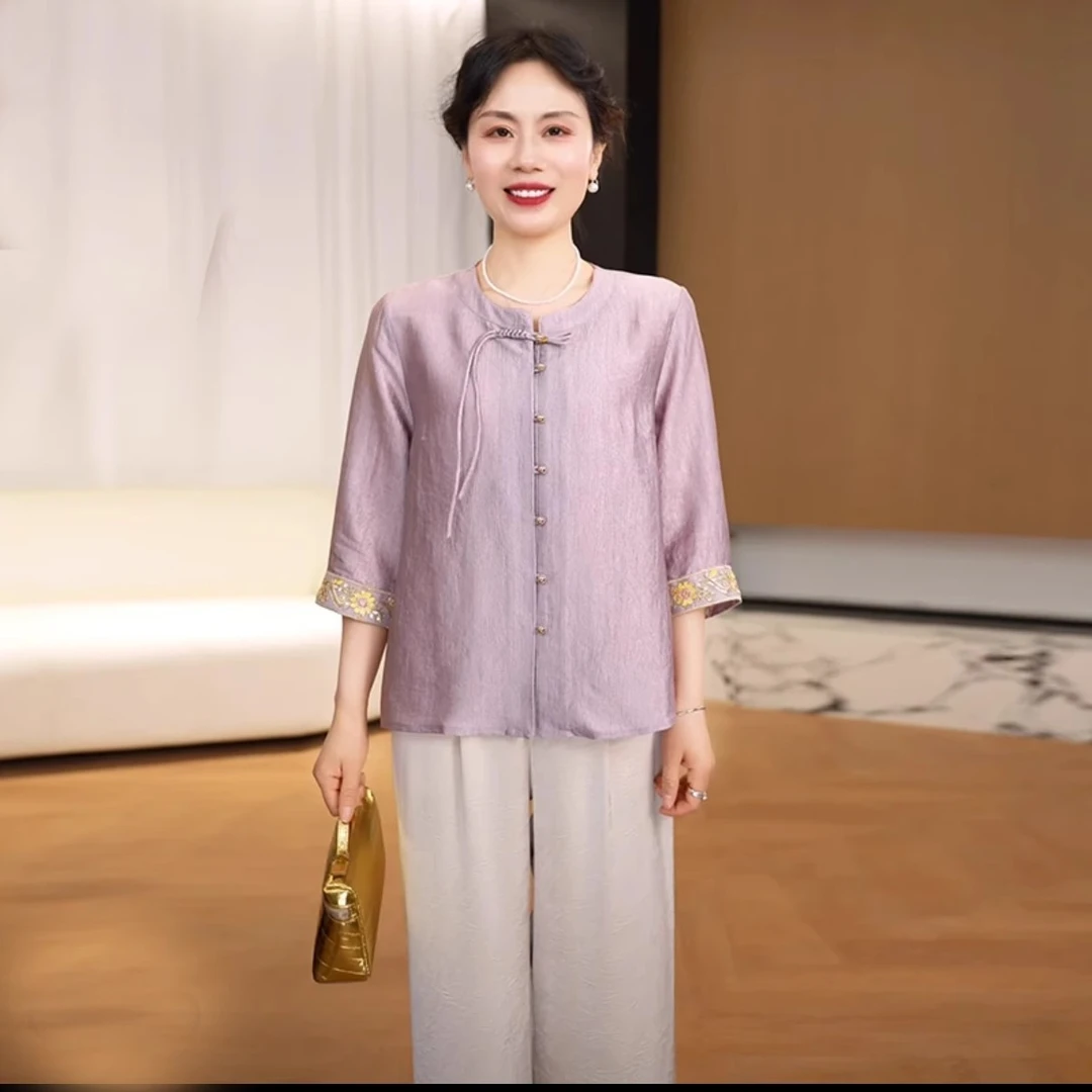 中年妈妈夏装衬衣套装2025新款洋气中老年女装国风上衣裤子两件套