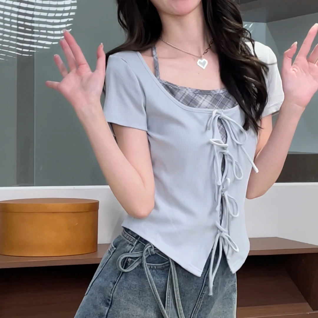 2025春季甜美风假两件格子挂脖蝴蝶短袖U型领设计感上衣DM6505