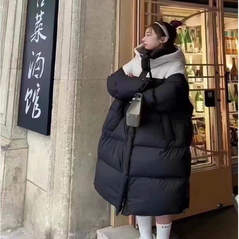 爆款拼色加厚棉服女2024新款过膝宽松轻奢时尚大被子连帽潮服