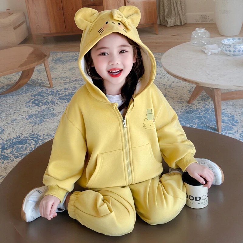 儿童春秋装洋气女宝宝连帽套装时髦女童外套休闲裤两件套潮小女孩