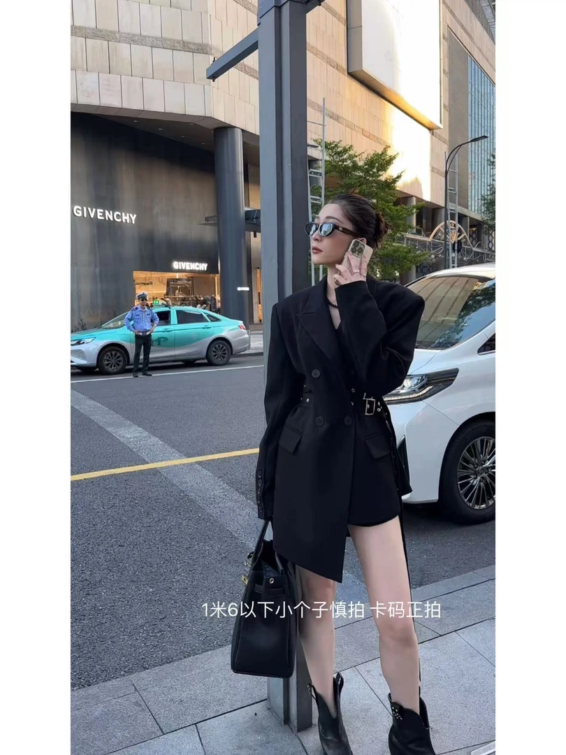 秋冬高定系列 小众设计感双腰带 纯色气质收腰显瘦西装毛呢外套女