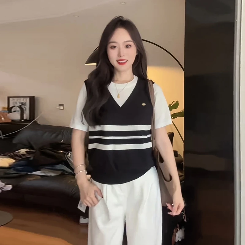 宽松显瘦条纹撞色冰丝针织衫短袖T恤女夏季新款洋气假两件上衣潮