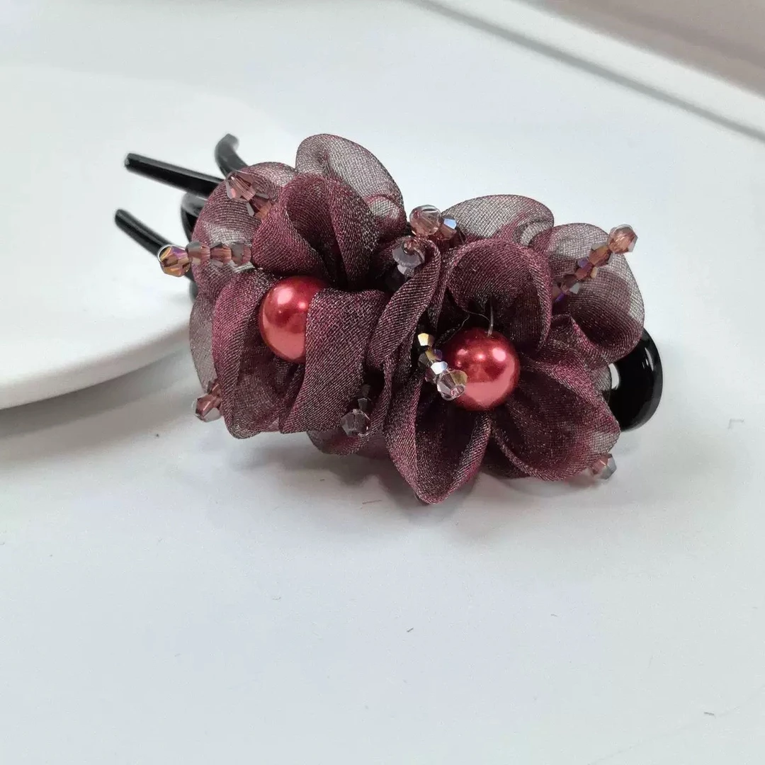 新款花朵鸭嘴夹发饰盘发饰布艺绢纱花朵发卡气质马尾抓夹4390