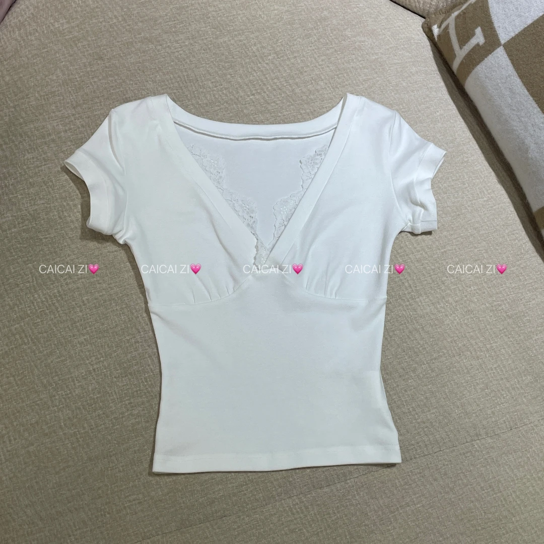 [no退no换]CCA260【纯欲爱恋】V领蕾丝花边短袖修身T恤上衣