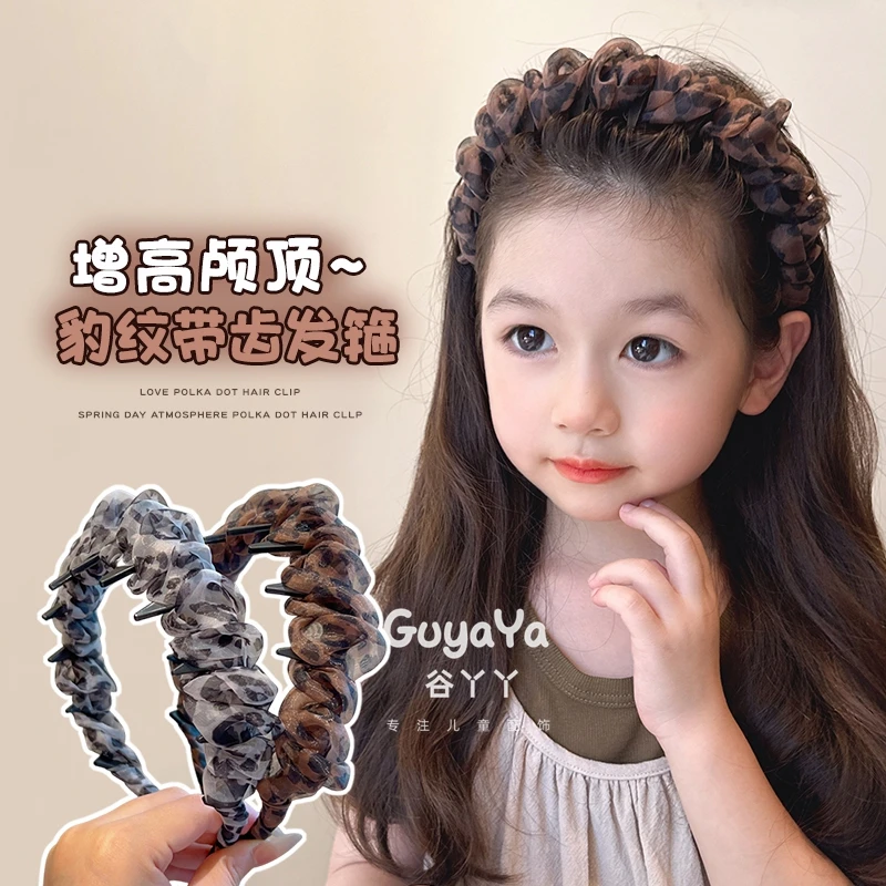 儿童韩国网红豹纹发箍洋气新款女孩网纱褶皱蓬蓬纱高颅顶百搭头箍