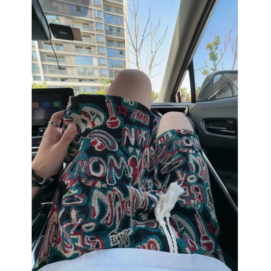 字母满印针织短裤男夏季潮牌潮流炸街半裤子民族风休闲运动五分裤