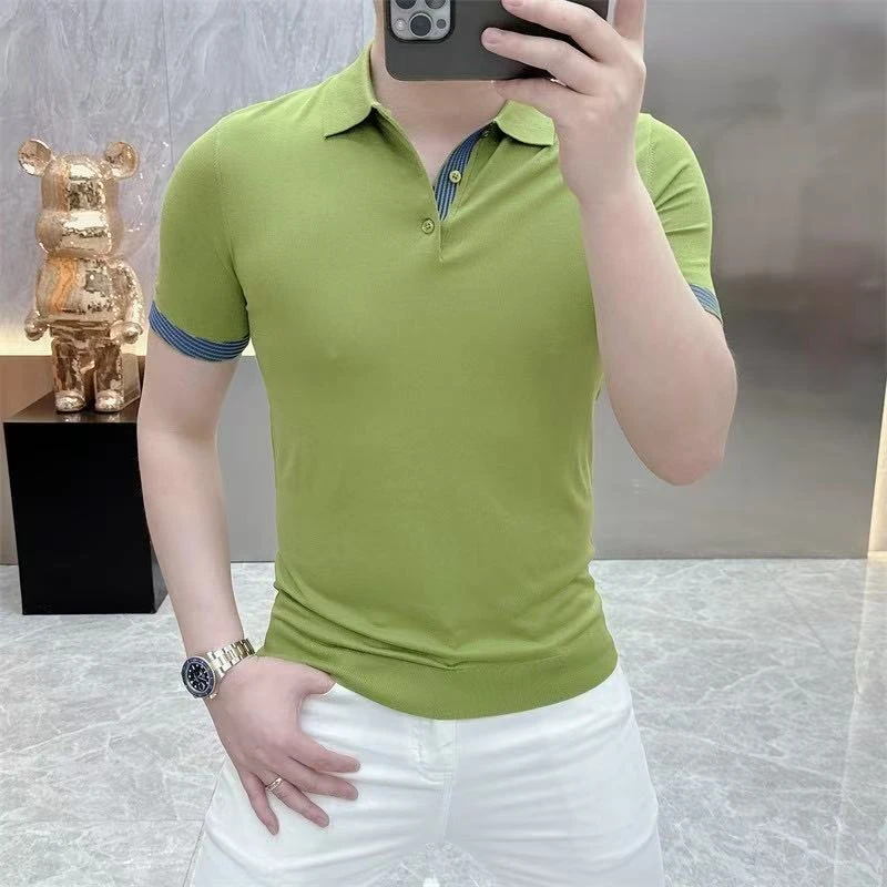 2025夏季新款高品质潮流休闲时尚帅气修身冰丝伊力特翻领针织衫