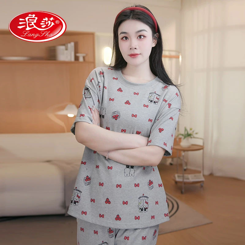 浪莎品牌浪莎三件套七分裤睡衣女款夏季新款休闲简约休闲家居服