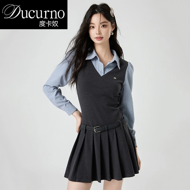 时尚撞色学院风polo领洋装女秋季2025新款假两件针织裙子百褶短裙