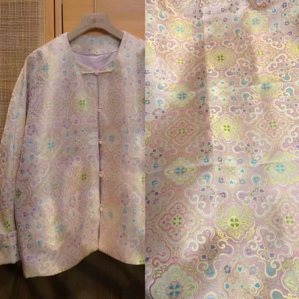 国风新中式粉色织金提花旗袍裙子外套马甲棉衣面料布料