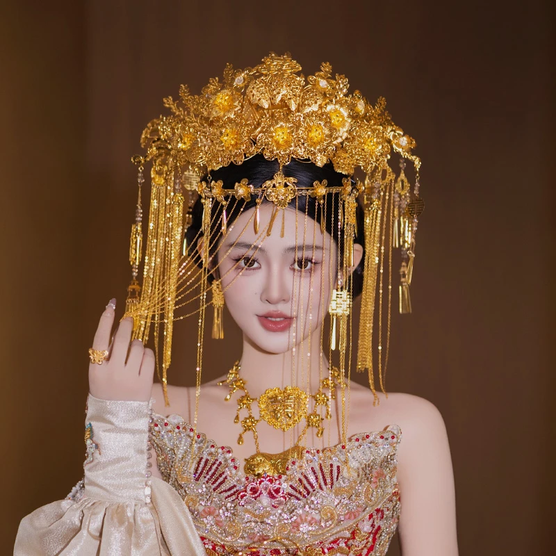 合金婚庆饰品 金色高级面帘花朵喜字凤冠中式婚礼新娘发饰MF2513