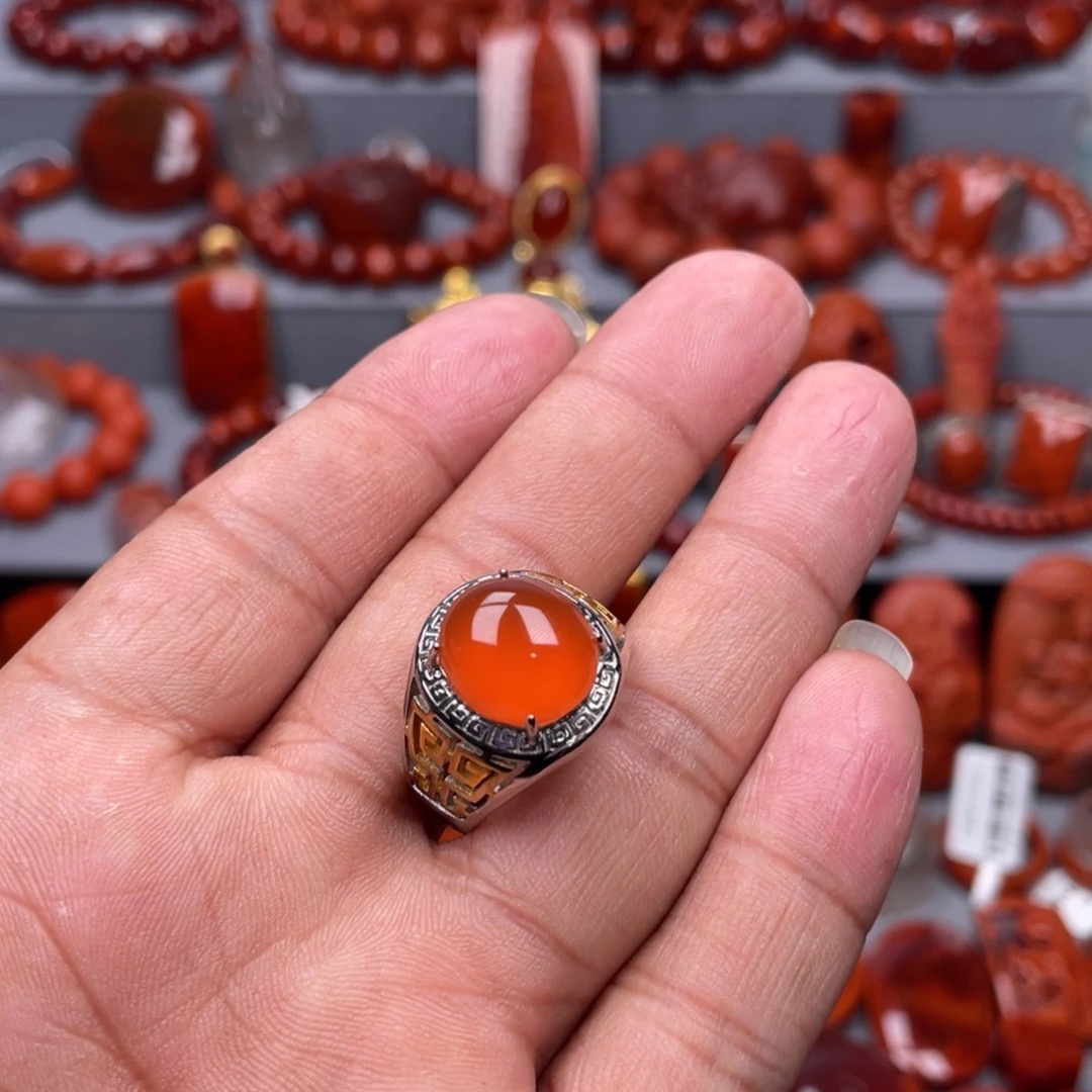 南红玛瑙银S925镶嵌珠宝奇石戒指