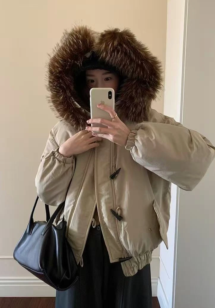 Bee-1137#韩系气质毛领加厚派克棉服设计感牛角扣外套【衣长66】