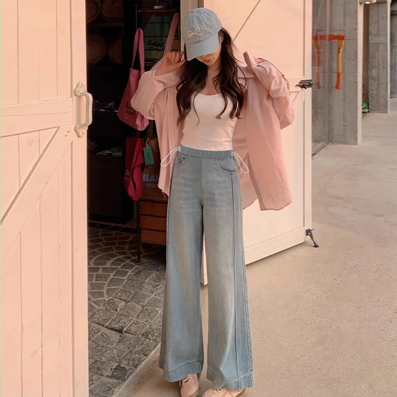 孕妇九分牛仔裤春夏新款抽绳直筒裤阔腿裤外穿孕妇裤无托腹休闲裤