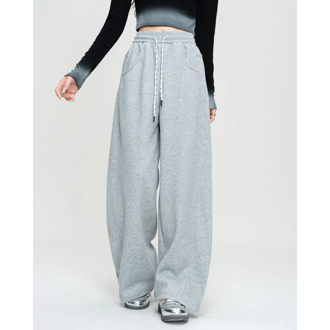 秋冬加绒保暖磨毛冬季高腰休闲裤长裤高街休闲灰色弯刀裤女运动