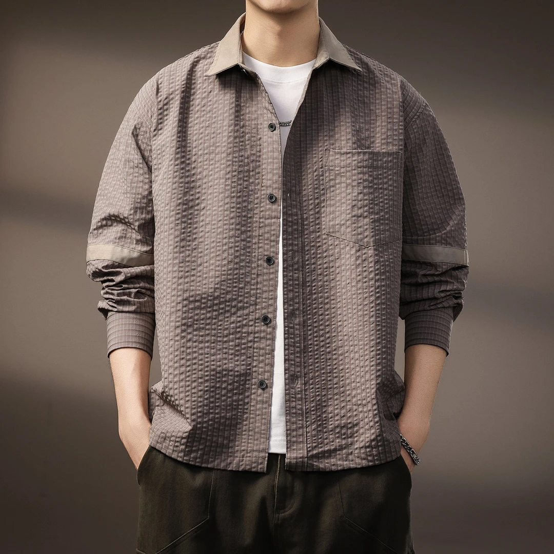 MR.MUDI/穆迪先生美式肌理泡泡纱长袖衬衫男秋季宽松格纹工装衬衣