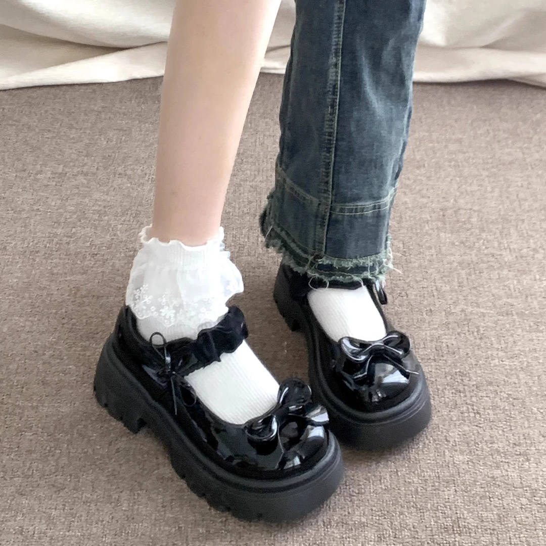 黑色厚底蝴蝶结玛丽珍鞋女2025新款春秋季学院风日系jk增高小皮鞋