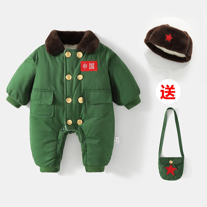 婴儿衣服冬装加绒保暖军装满月宝宝小红军连体棉衣周岁军大衣爬服
