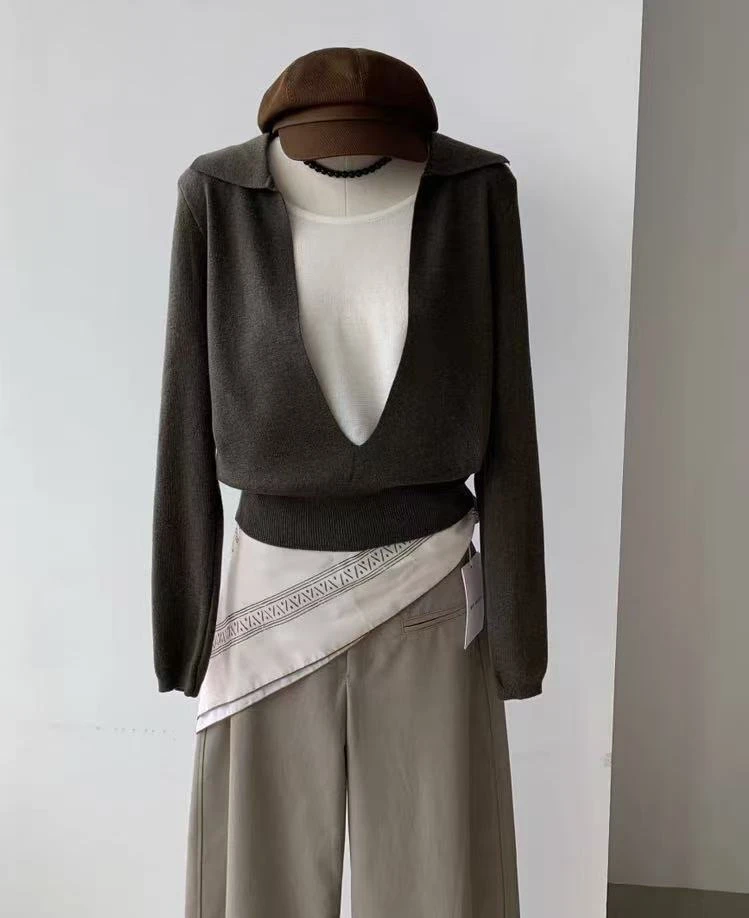 韩版高级感洋气气质简约显瘦百搭长袖拼接假两件撞色针织上衣0078