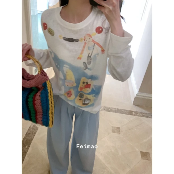 【贝莉甜豆】25735 春季新款长袖减龄设计感印花白色T恤上衣