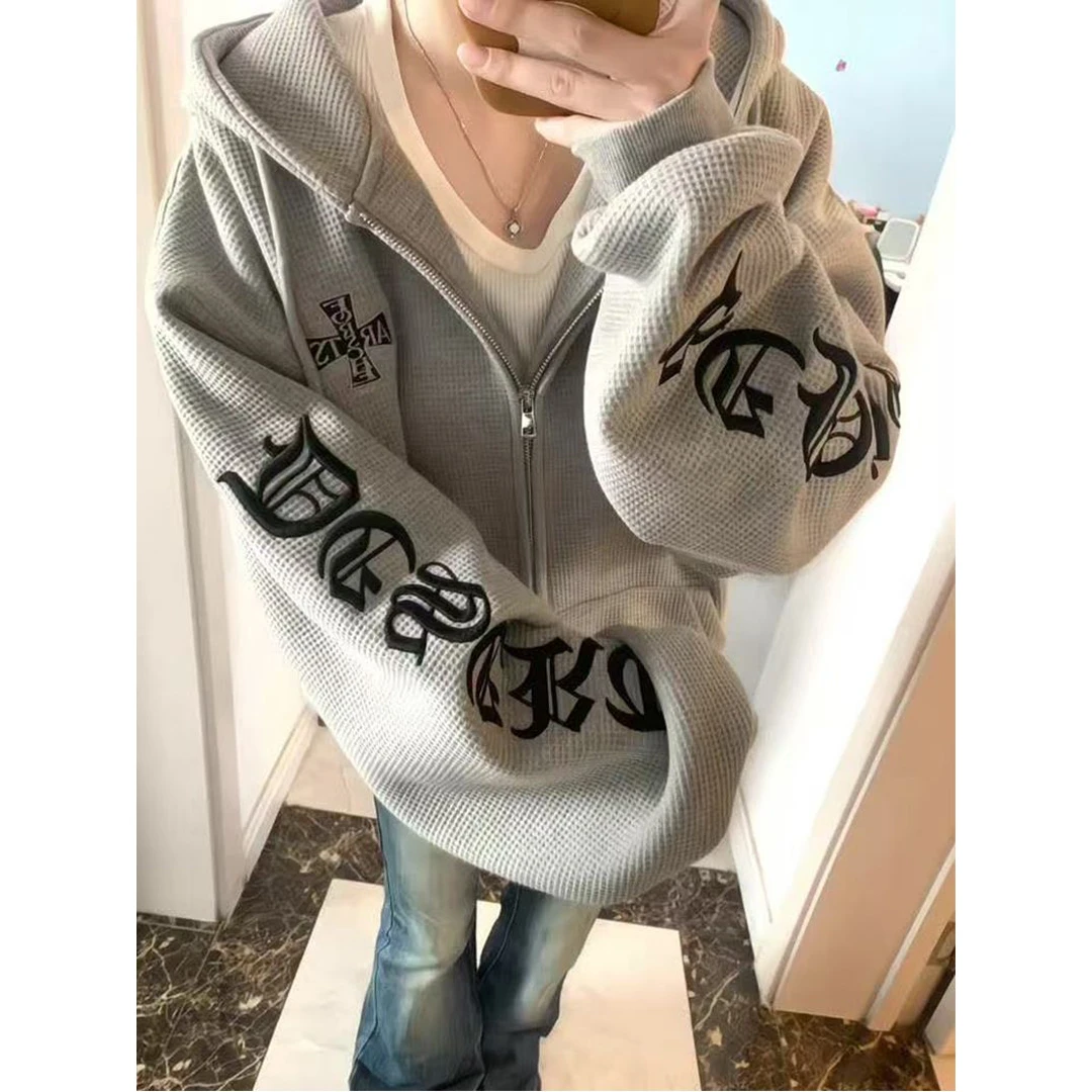 美式cleanfit潮牌华夫格卫衣外套秋季休闲重磅高街连帽开衫上衣潮