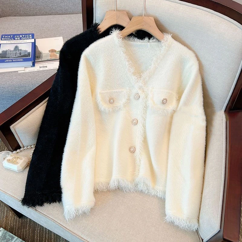 仿水貂小香风新款时尚洋气百搭宽松外套小个子轻奢气质开衫