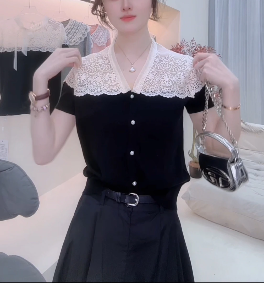 E'VAN【风华】夏季时尚针织衫圆领气质百搭显瘦洋气短袖T恤女款开衫