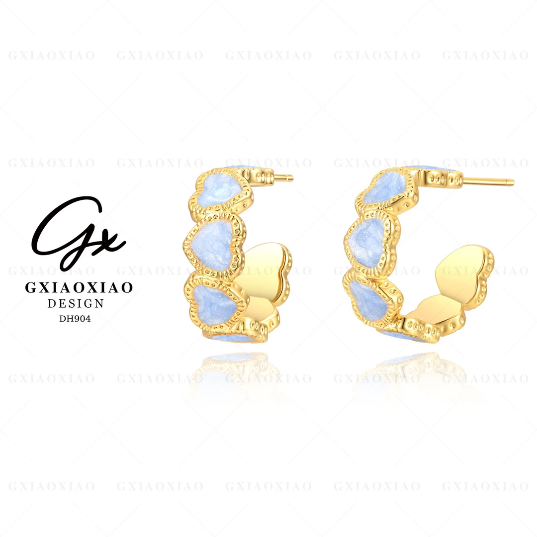 G XIAOXIAO 镀K金 时尚气质清新简约百搭蓝色爱心耳环 DH904