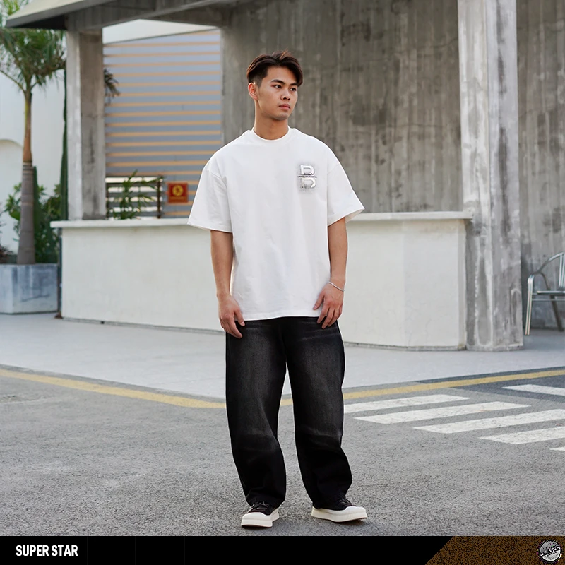 8832#美式宽松弯刀牛仔裤黑色复古水洗简约百搭阔腿长裤子潮男装